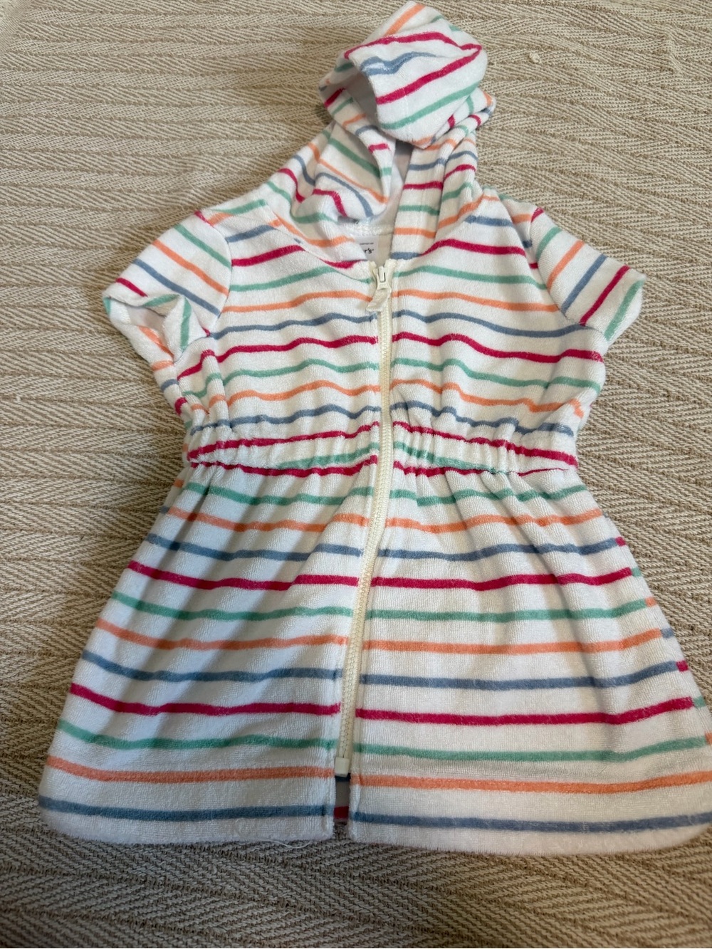 Carter's Hooded Zip Romper in Cream with Multi Colored Stripes